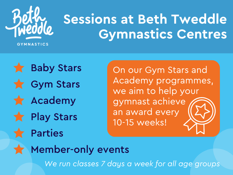 Sessions at Beth Tweddle Gymnastics Centre, Bolton include Baby Stars, Gym Stars,  Academy, Play Stars, Parties and Member-only events. We run classes 7 days a week for all age  groups. On our Gym Stars and Academy programmes, we aim to help your gymnast achieve an  award every 10-15 weeks!