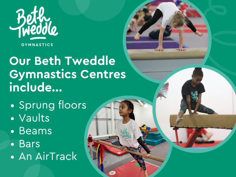 Our Beth Tweddle Gymnastics Centres include: sprung floors, vaults, beams, bars, and an  AirTrack.]